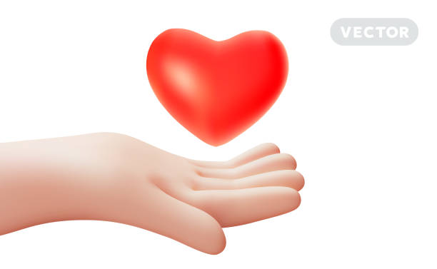 istock Vector romantic illustration of gesture hand hold red heart on white color background. 3d style design of man white skin hand give heart 2040191861
