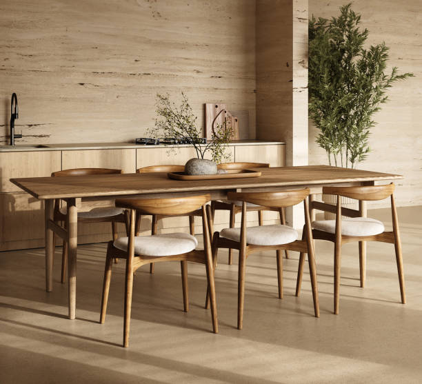 istock Stylish kitchen dining setup with wooden elements and ambient light 2040193291