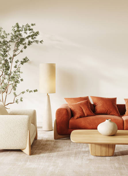 Chic Scandinavian living room featuring a terracotta sofa and sleek white floor lamp. 3d render