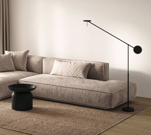istock Minimalist Scandinavian living room with plush grey sofa and modern black floor lamp. 3d render 2040194355