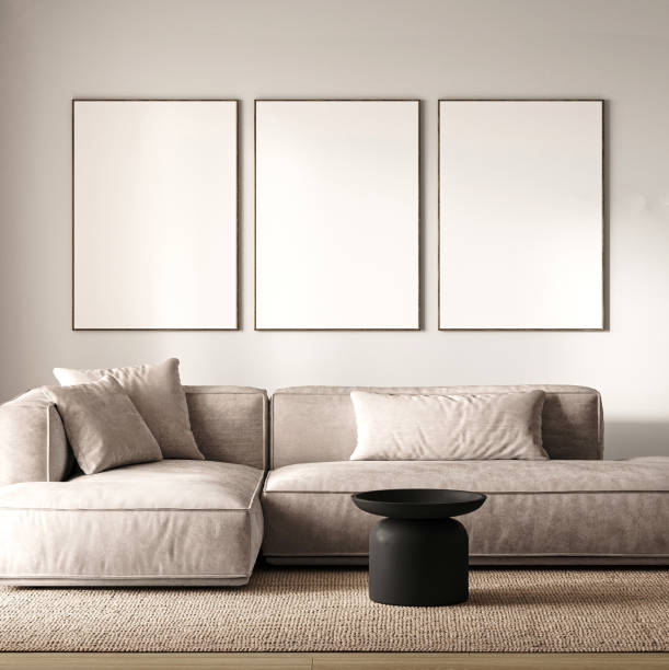 istock Sleek Scandinavian living room with comfortable grey sofa and abstract wall frames. 3d render 2040195458