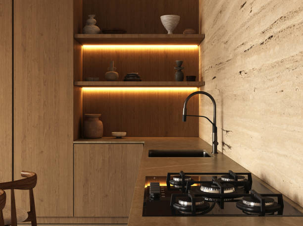 istock Sophisticated kitchen corner with artistic pottery and accent lighting 2040195801