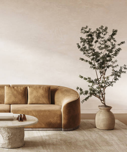 istock Scandinavian corner with golden velvet sofa and organic elements for a serene space. 3d render 2040197630