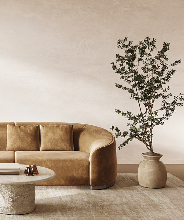 A serene Scandinavian corner featuring a golden velvet sofa and organic elements, creating a tranquil and luxurious living space. 3d render