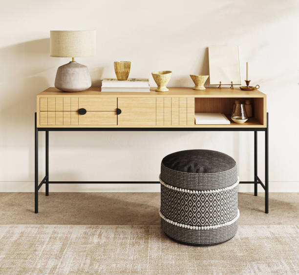 istock Chic Scandinavian workspace with stylish wooden desk and patterned ottoman. 3d render 2040198185