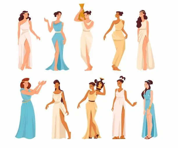 Vector illustration of Roman or Greek Girl in Antique Clothes Stand and Gesturing with Amphora Vector Set