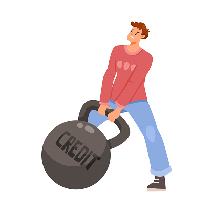 Man Character Dragging Heavy Kettlebell as Severity of Loan and Mortgage Vector Illustration. Young Male Struggle with Heavy Burden of Credit