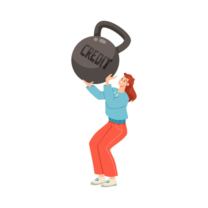 Woman Character with Heavy Kettlebell as Severity of Loan and Mortgage Vector Illustration. Young Female Struggle with Heavy Burden of Credit