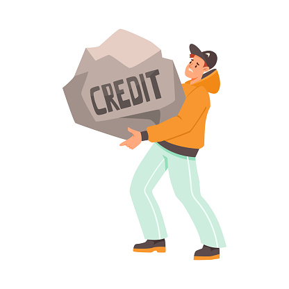 Man Character with Heavy Stone as Severity of Loan and Mortgage Vector Illustration. Young Male Struggle with Heavy Burden of Credit