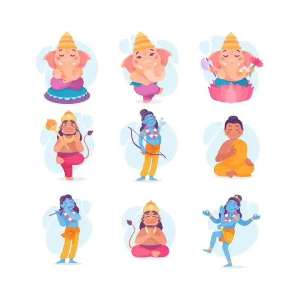 Vector illustration of Ancient Indian Hindu Gods and Deity Vector Set