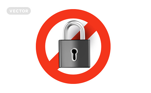 Vector illustration of red color crossed out circle sign and metallic lock on white background. 3d style design of prohibited shine padlock for web, site, banner, poster