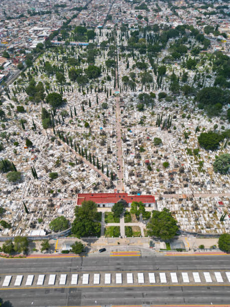 serenidade urbana: vista aérea do cemitério mezquitan e da avenida alcalde guadalajara - cemetery tombstone grave old - fotografias e filmes do acervo