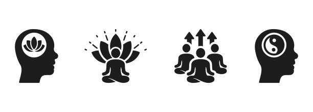 ilustrações, clipart, desenhos animados e ícones de bem-estar e calma, zen pose silhouette icon set. as pessoas meditam na posição de lótus, coleção de símbolos yin yang. yoga e saúde glifo pictograma. sinal de bem-estar. ilustração vetorial isolada - yin yang symbol relaxation isolated emotional stress