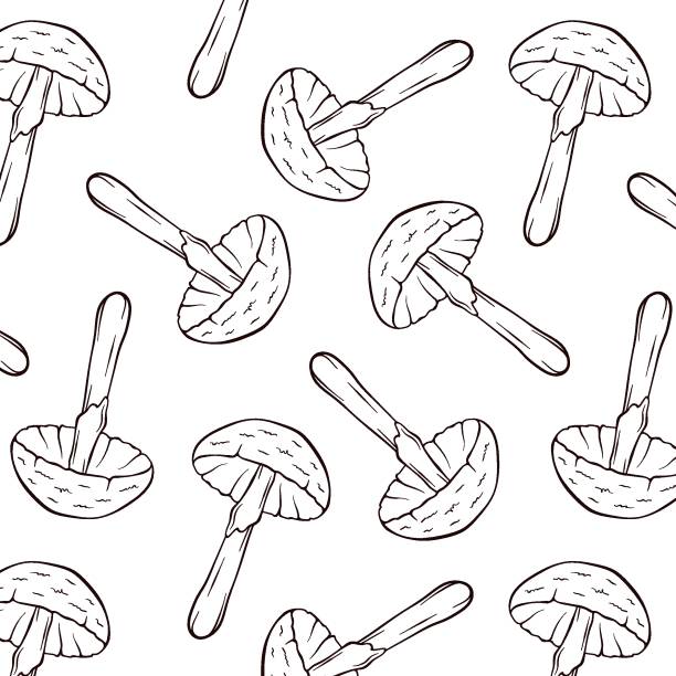 라인 아트 스타일의 파괴 천사 먹을 수 없는 버섯이 있는 완벽한 패턴. 포장지, 벽지, 직물을 위한 디자인. 흰색 배경에 벡터 그림입니다. - 독우산광대버섯 stock illustrations