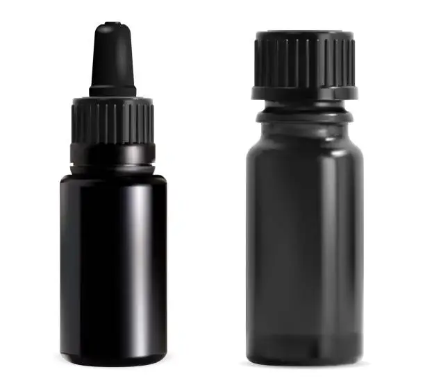 Vector illustration of Essential oil bottle set. Black glass dropper vial