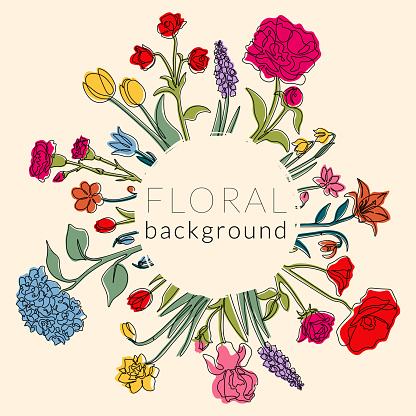 Floral frame. Hand drawn bright leaves and flowers. Spring summer decor. Botanical background. Garden bouquet, circle border for text. Greeting and invitation card. Poster template vector illustration