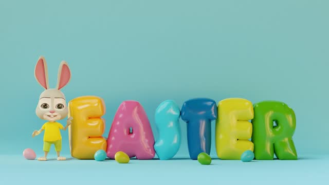 Seamless looping animation of cute bunny staying near colorful Easter balloons. 3D animation.