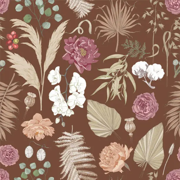 Vector illustration of Seamless pattern with boho dried flowers