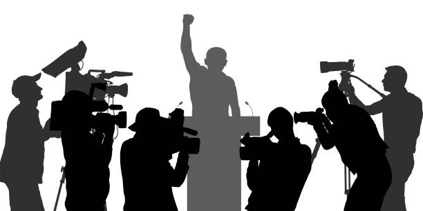 election. candidate with election program and reporters, cameramen. silhouette of people. vector illustration - press conference microphone interview silhouette点のイラスト素材／クリップアート素材／マンガ素材／アイコン素材