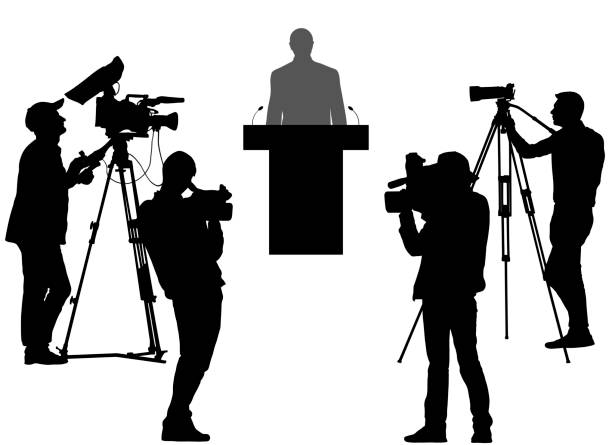 istock Election. Candidate with election program and reporters, cameramen. Silhouette of people. Vector illustration 2040235302