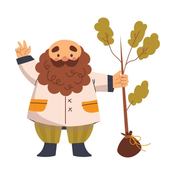 Vector illustration of Funny Gnome Character with Beard Holding Tree Sapling Vector Illustration