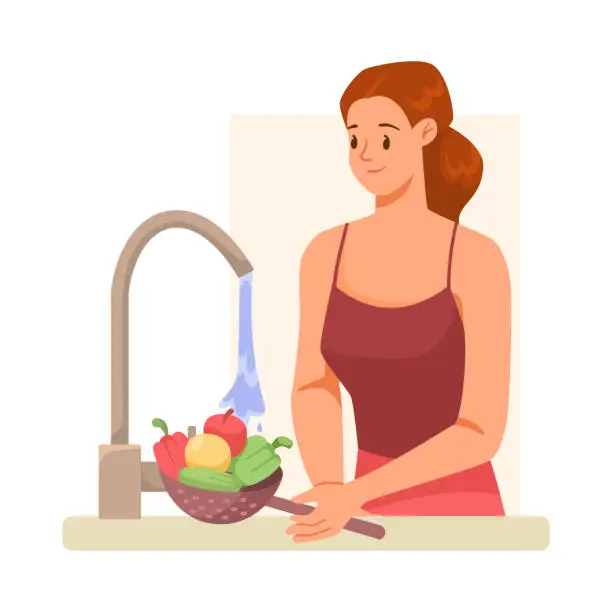 Vector illustration of Girl Support Immunity Washing Fruits in Sink with Tap Water Vector Illustration