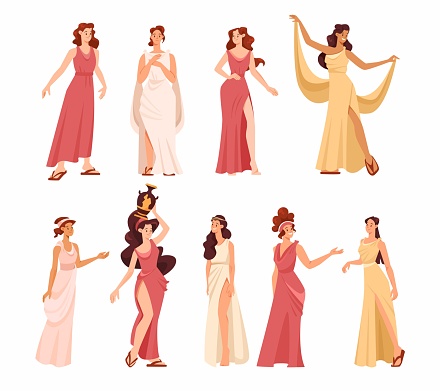 Roman or Greek Girl in Antique Clothes Stand and Gesturing with Amphora Vector Set. Young Smiling Woman in Traditional Ancient Tunic and Sandals