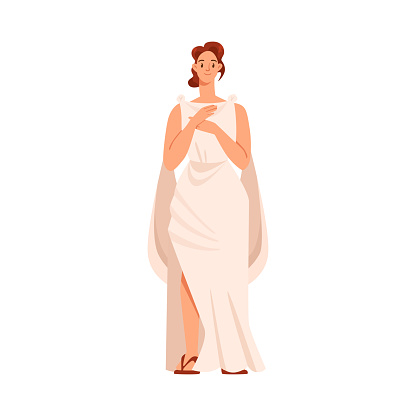 Roman or Greek Girl in Antique Clothes and Sandals Standing Vector Illustration. Young Smiling Woman in Traditional Ancient Tunic and Footwear