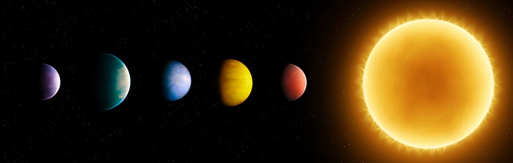 Star with planets. Planetary system. Model of a star system with exoplanets. Planets in a row near the sun.