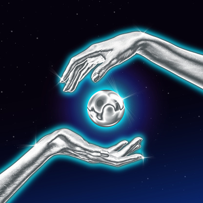 Poster. Contemporary art collage. Two silver hands with floating ball against starry, cosmic background. Futurism art style. Concept of metaverse, space exploration, astronomy, technology. Retro wave