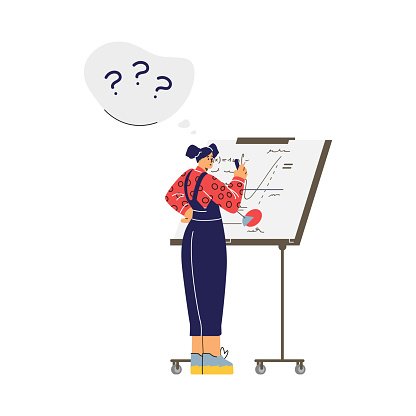 Confused student contemplating a problem at a whiteboard. Vector illustration captures the challenge of learning complex subjects