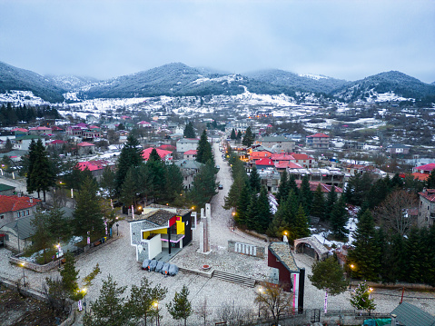 Aerial view of Voskopojë in winter snow, Albanian Village