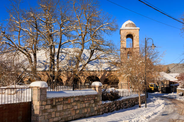 Church in Voskopojë in winter, Albanian Village
