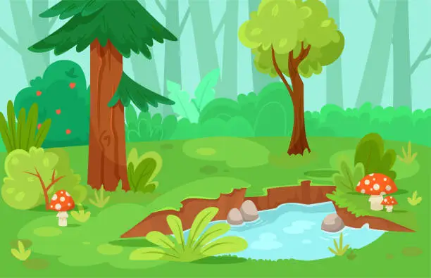 Vector illustration of Forest Green Scene with Tree, Grass and Pond Vector Illustration