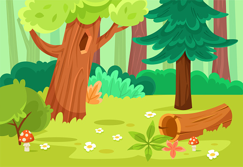 Forest Green Scene with Tree, Grass and Log Vector Illustration. Woodland Thicket with Bush and Trunks
