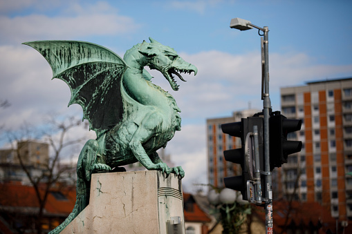 Dragon Bridge Statue in Ljubljana City.