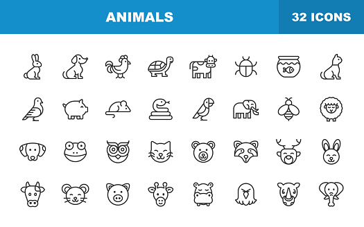 Animal Line Icons. Editable Stroke. Contains such icons as Rabbit, Bunny, Dog, Chicken, Turtle, Bee, Sheep, Cow, Pig, Cat, Snake, Mouse, Elephant, Parrot.