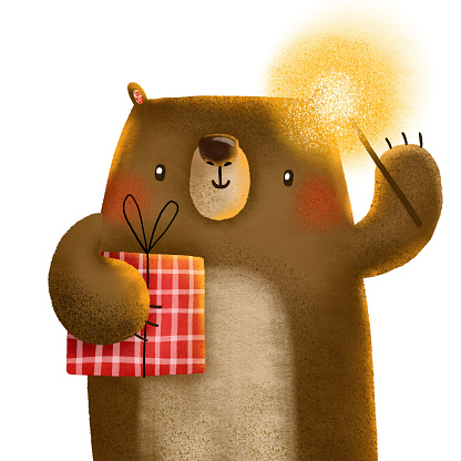 Cartoon bear celebrating his birthday. Forest animals. Brown bear with a box of gifts and sparklers. Postcard for children's party. hand drawn cute illustration