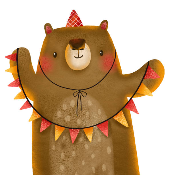 Cartoon bear celebrating his birthday. A bear with a festive garland and a cap. Forest animals. Postcard for children's party. Hand drawn cute illustration