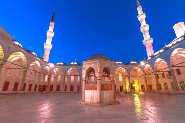 interior of Sultan Ahmed Mosque, also known as Blue Mosque in Istanbul, Turkey. An architectural gem renowned for its iconic blue-tiled interior, six majestic minarets, and graceful domes.