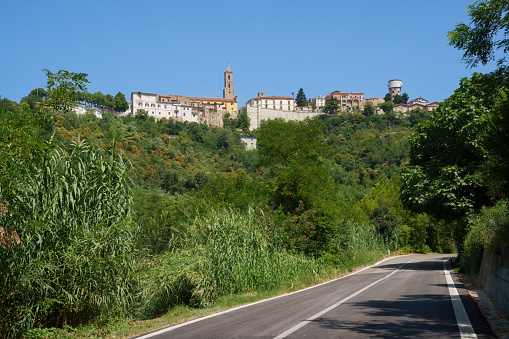 Country landscape at summer along the road from Penne to Teramo, Abruzzo, Italy. View of Cellino Attanasio