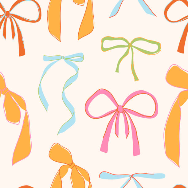 Seamless pattern of bows. Pattern of colorful bows, knots, gift bows. Bows in hand-drawn and cartoon style. Set of colorful bows Bows in hand-drawn and cartoon style. Set of colorful bows archery bow stock illustrations