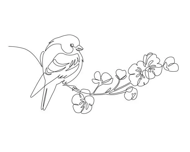 Vector illustration of Abstract small bird perched on blooming tree branch.