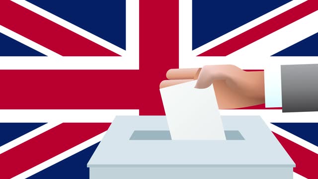 Man putting ballot in a box during elections in Great Britain, Uk,  in front of Union Jack flag.