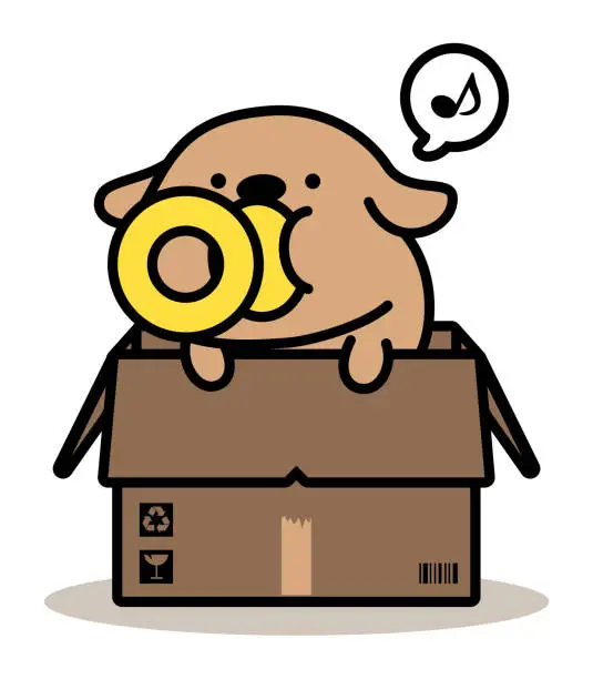 Vector illustration of A cute dog, sucking a pacifier, in a corrugated box, cardboard box, or carton