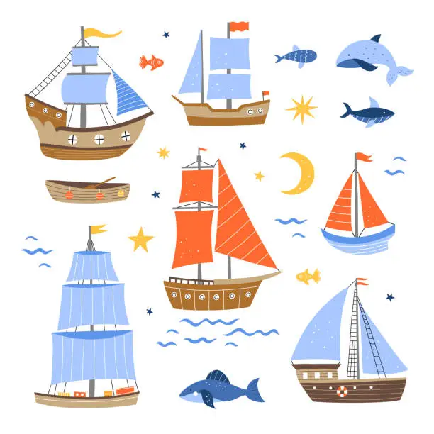 Vector illustration of Cute ships vector set. Colorful ships and boats nautical illustrations on white background