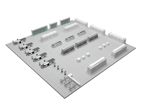 isometric supermarket interior. with aisle freezers and refrigerators, a Fresh Produce Section, and product pallets, beside cash registers, shopping carts, trolleys, and entrance anti-theft alarm detectors.