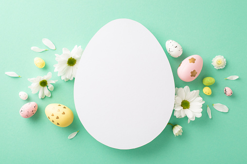Spring celebration design: top view picture of multi-hued eggs, and budding chamomiles on an aqua base, with an empty egg-shaped placeholder for text or publicity