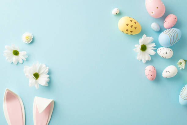 istock Easter imagination setup: Top view shot of colorful eggs, lovable bunny ears, and chamomile clusters on a pastel blue background, featuring an open space for writing or adverts 2040342644