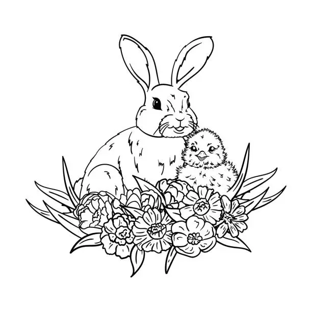 Vector illustration of Coloring page with a chicken and a rabbit in the grass and flowers. Black and white image for Easter card, prin, sticker